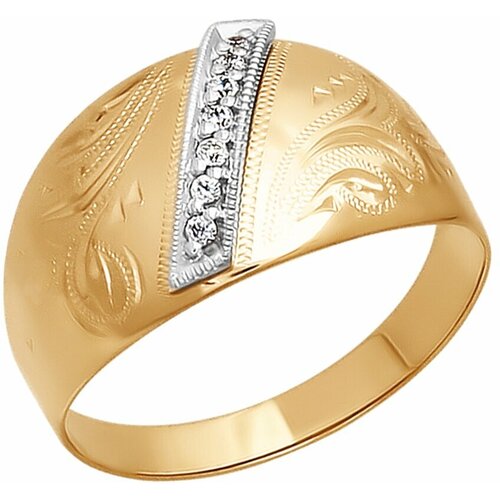 Кольцо SOKOLOV, комбинированное золото, 585 проба, гравировка, фианит, размер 17.5, золото брошь с эмалью и фианитами из комбинированного золота