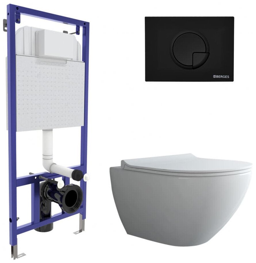 Berges Wasserhaus Комплект унитаза с инсталляцией Berges Wasserhaus Novum Rimless 043268 с сиденьем Микролифт и Черной клавишей смыва