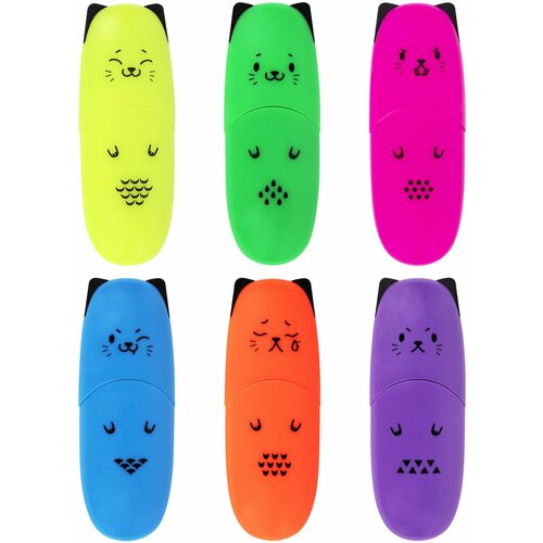 Набор текстовыделителей мини 6 цветов BRAUBERG KIDS CUTE CATS NEON линия 1-5 мм, 2 шт