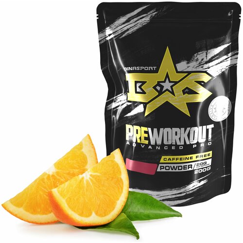 Предтренировочный комплекс Binasport "Preworkout Advanced Pro caffeine free" (без кофеина) порошок 200 г со вкусом апельсина