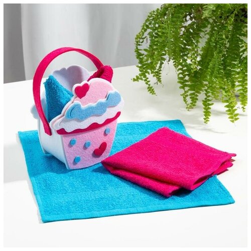 фото Набор полотенец в корзинке этель"пирожное" 30х30см - 2шт, цв.бирюза/фуксия, 100% хл 5516739