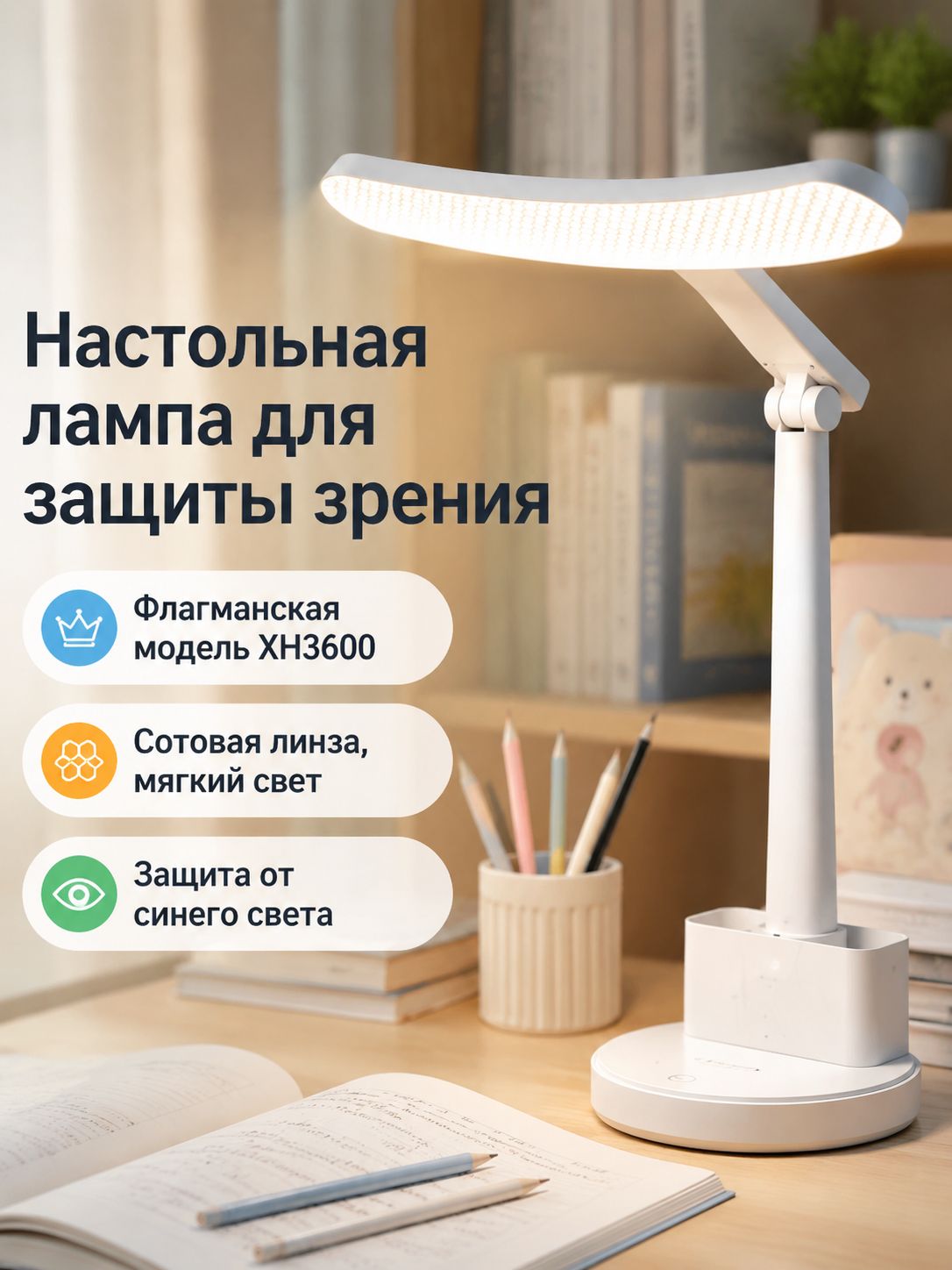Настольная лампа для чтения и учебы, складная LED с пеналом, регулировка яркости и цвета, аккумулятор 3600 мАч, белый