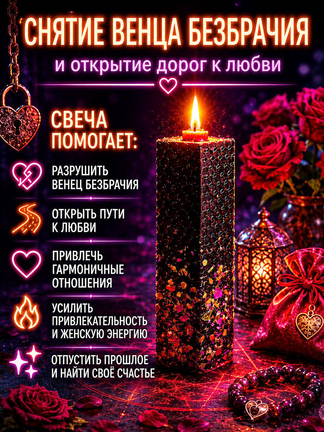 Магическая свеча "Снятие венца безбрачия+открытие дорог к любви" 1шт/чёрная с красным/с травами/ ритуальная