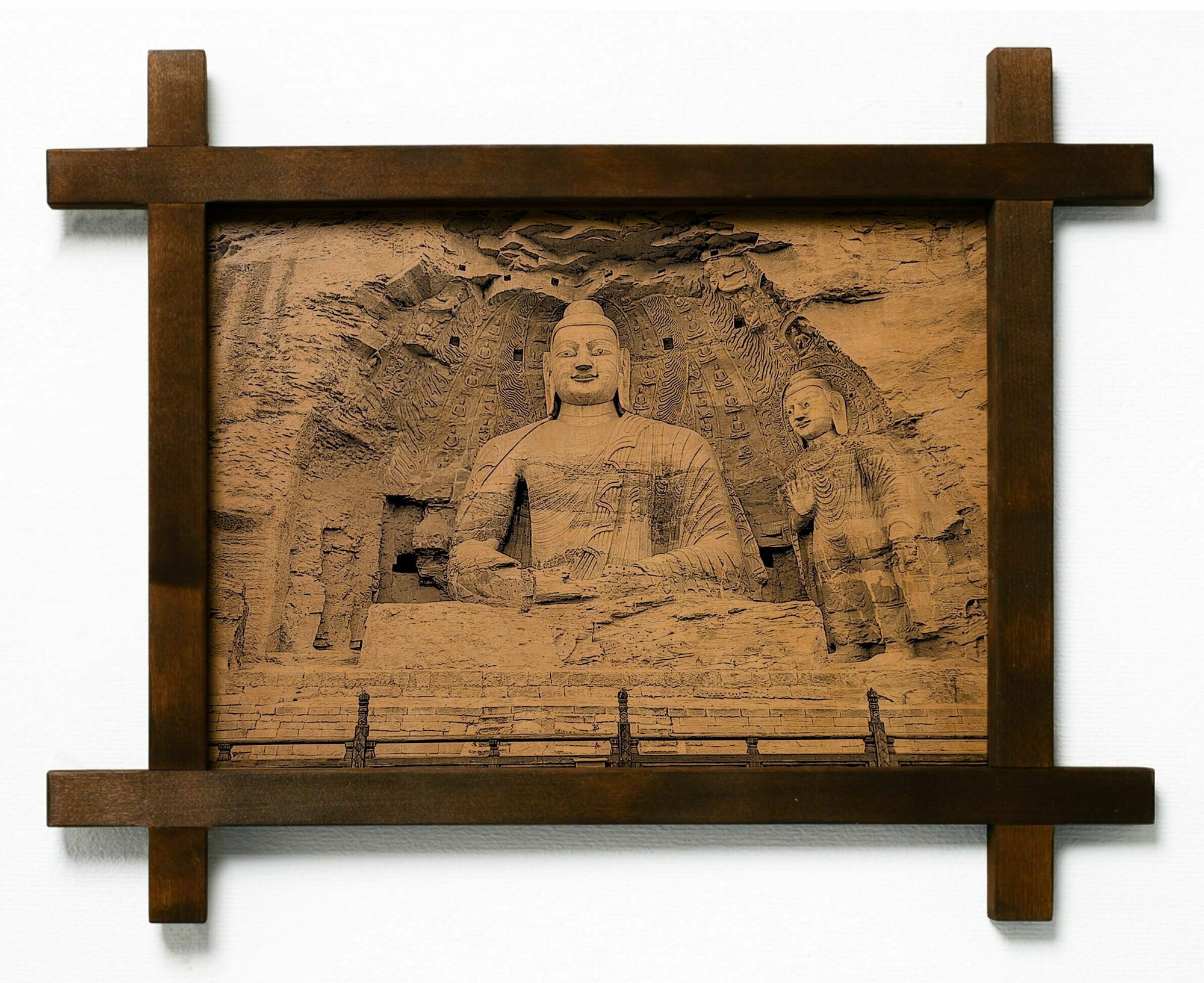 Картина Пещерные гроты Юньган, гравировка на натуральной коже, интерьерная для украшения и декора на стену в деревянной раме, подарок, BoomGift