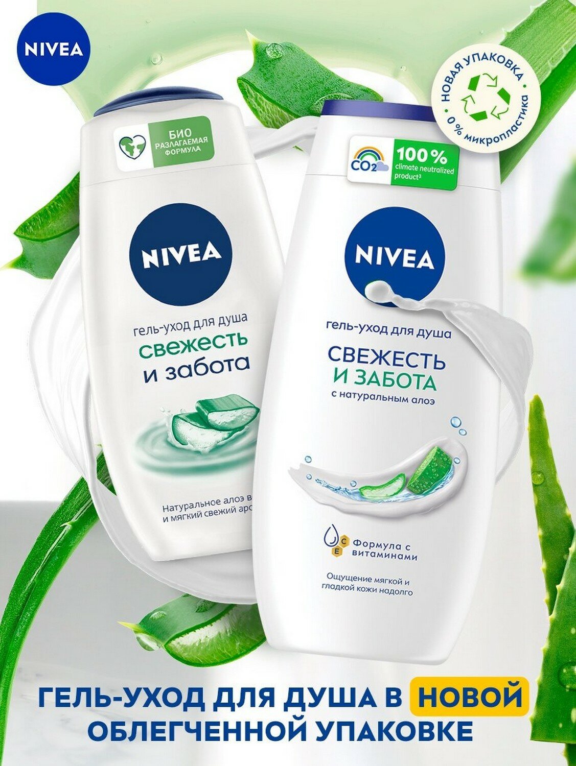 Гель-уход для душа NIVEA "Свежесть и забота" с натуральным алоэ вера, 250 мл.