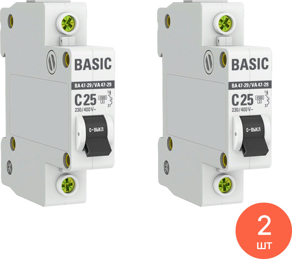 Автоматический выключатель EKF / ЕКФ ВА47-29 Basic 1Р 25А характеристика С 4.5кА mcb4729-1-25C / электроавтомат (комплект из 2 шт)