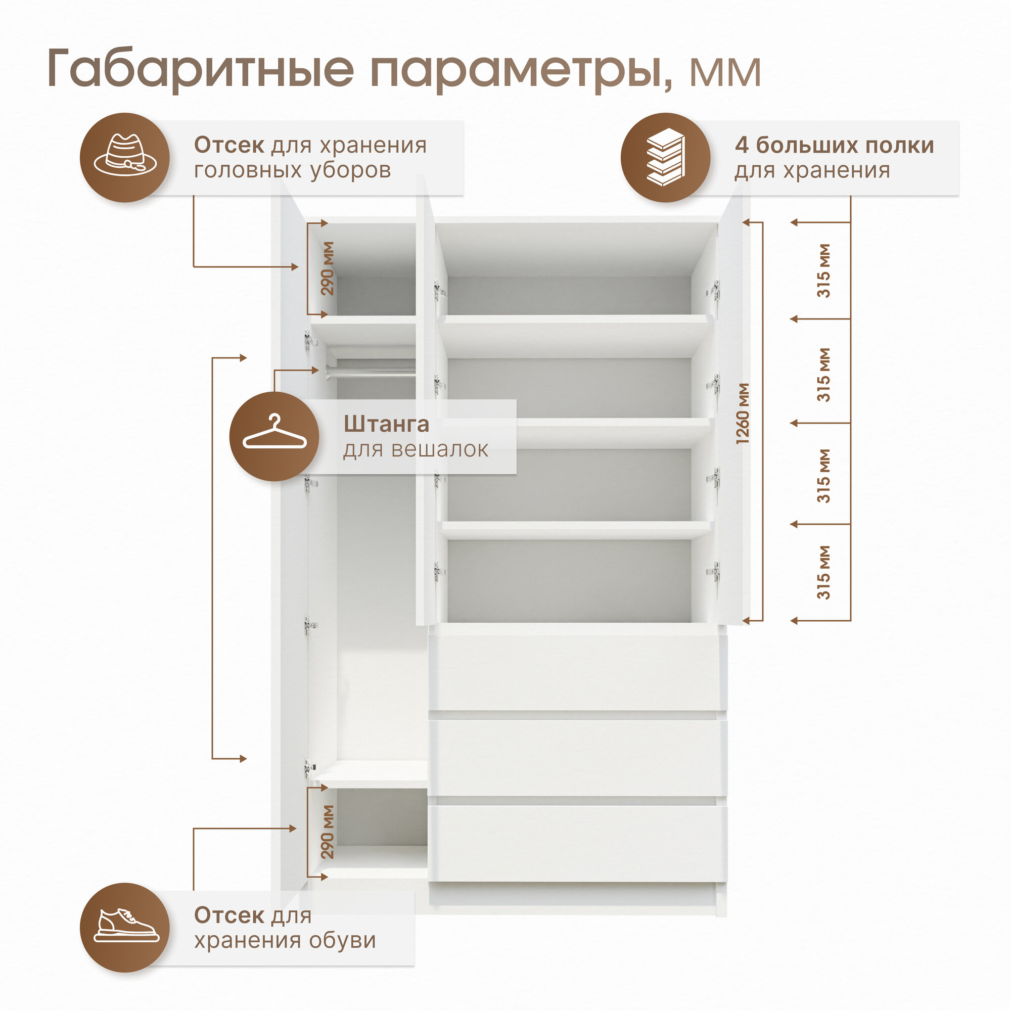 Шкаф распашной 3-х створчатый с ящиками Аванта, 120х50х210 см, белый, Пора Спать — фото 1
