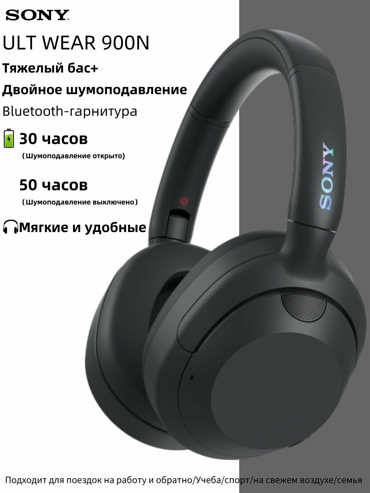 Sony ULT WEAR 900N беспроводные bluetooth наушники, передовая технология шумоподавления , Тяжелый бас, профессиональный микрофон, type c интерфейс зарядки, классический стиль, черный