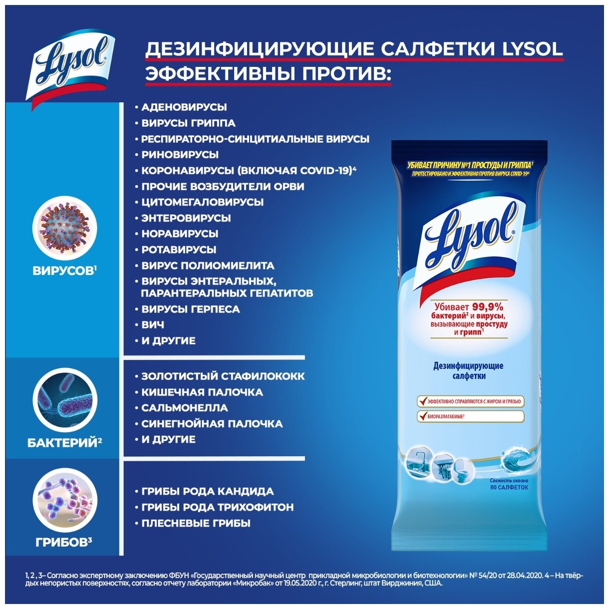 Lysol Дезинфицирующие салфетки Свежесть океана, 80 шт