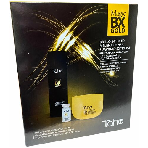 Tahe MAGIC BX GOLD HOME CARE PACK (MAGIC BX GOLD THICKENING AND ULTRA-NOURISHING SHAMPOO 300 ML, MAGIC BX THICKENING AND ULTRA-NOURISHING MASK 300 ML, MAGIC BX GOLD THICKENING HAIR TREATMENT PROLONG 5x10 ML) Набор MAGIC-BX GOLD HOME CARE ( Шампунь для ультра-увлажнения и утолщения волос 300мл, Маска для разглаживания волос 300 мл, Сыворотка для увлажнения и утолщения волос 5х10 мл.) сыворотки для волос tahe сыворотка для увлажнения и утолщения волос magic bx gold hair