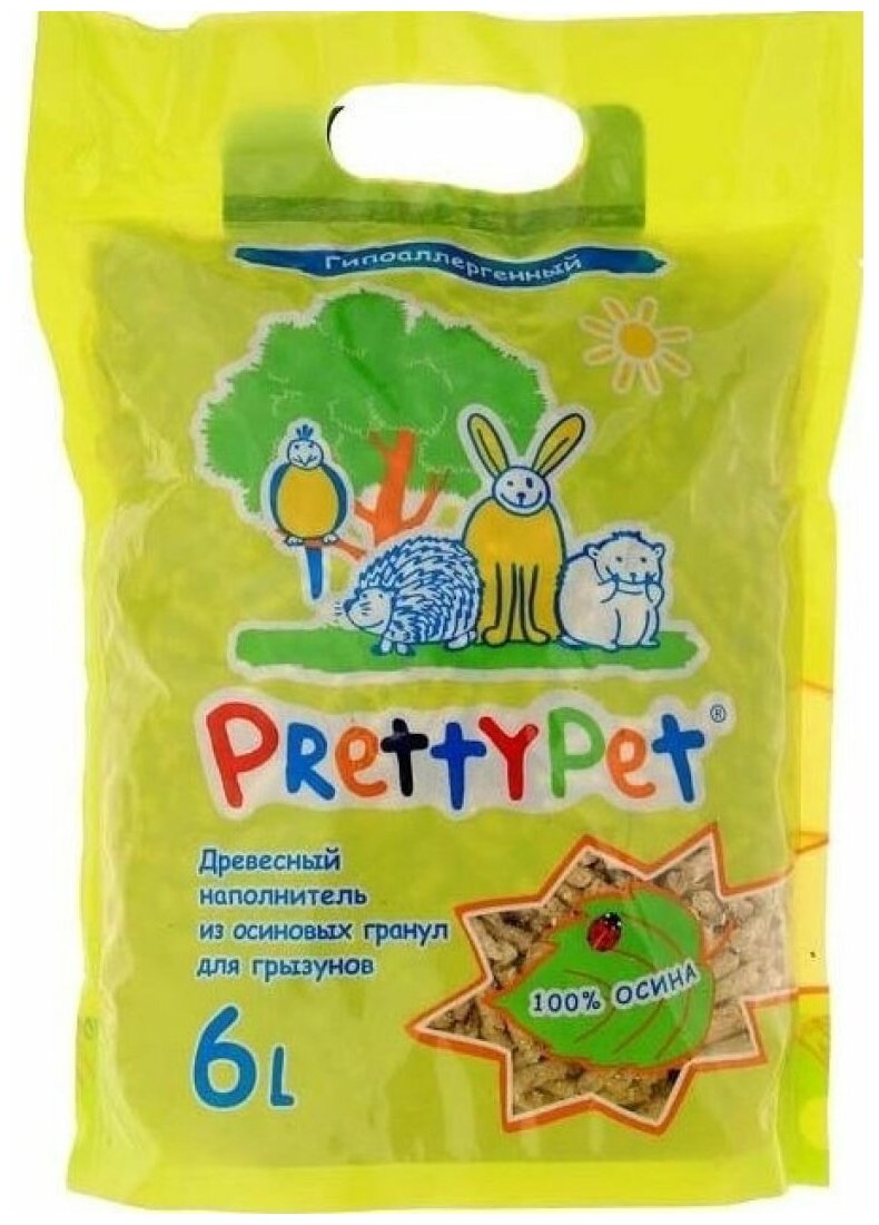 Наполнитель для грызунов и птиц PrettyCat древесный из осиновых гранул 2 кг (6 л)