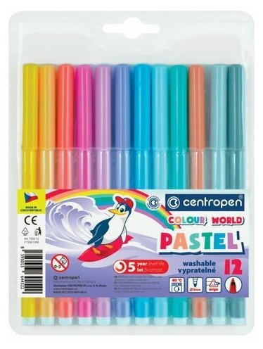 Фломастеры пастельные 12 цветов CENTROPEN "Colour World Pastel", смываемые, 7550/12TP, 7 7550 1287