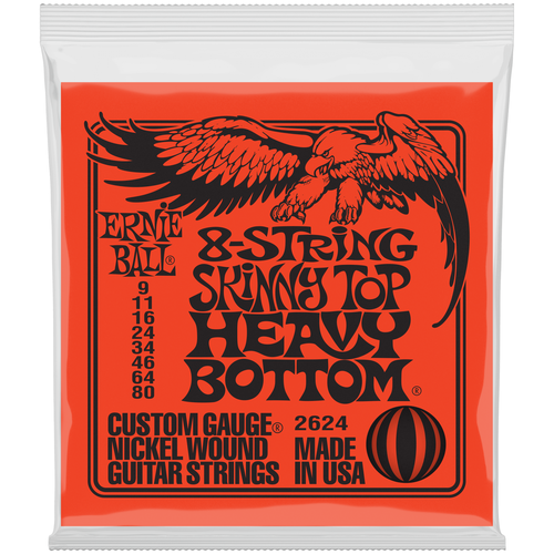 ernie ball 2623 струны для 7 ми струнной электрогитары ERNIE BALL 2624 Nickel Wound Slinky Skinny Top Heavy Bottom 9-80 Струны для 8 струнной электрогитары