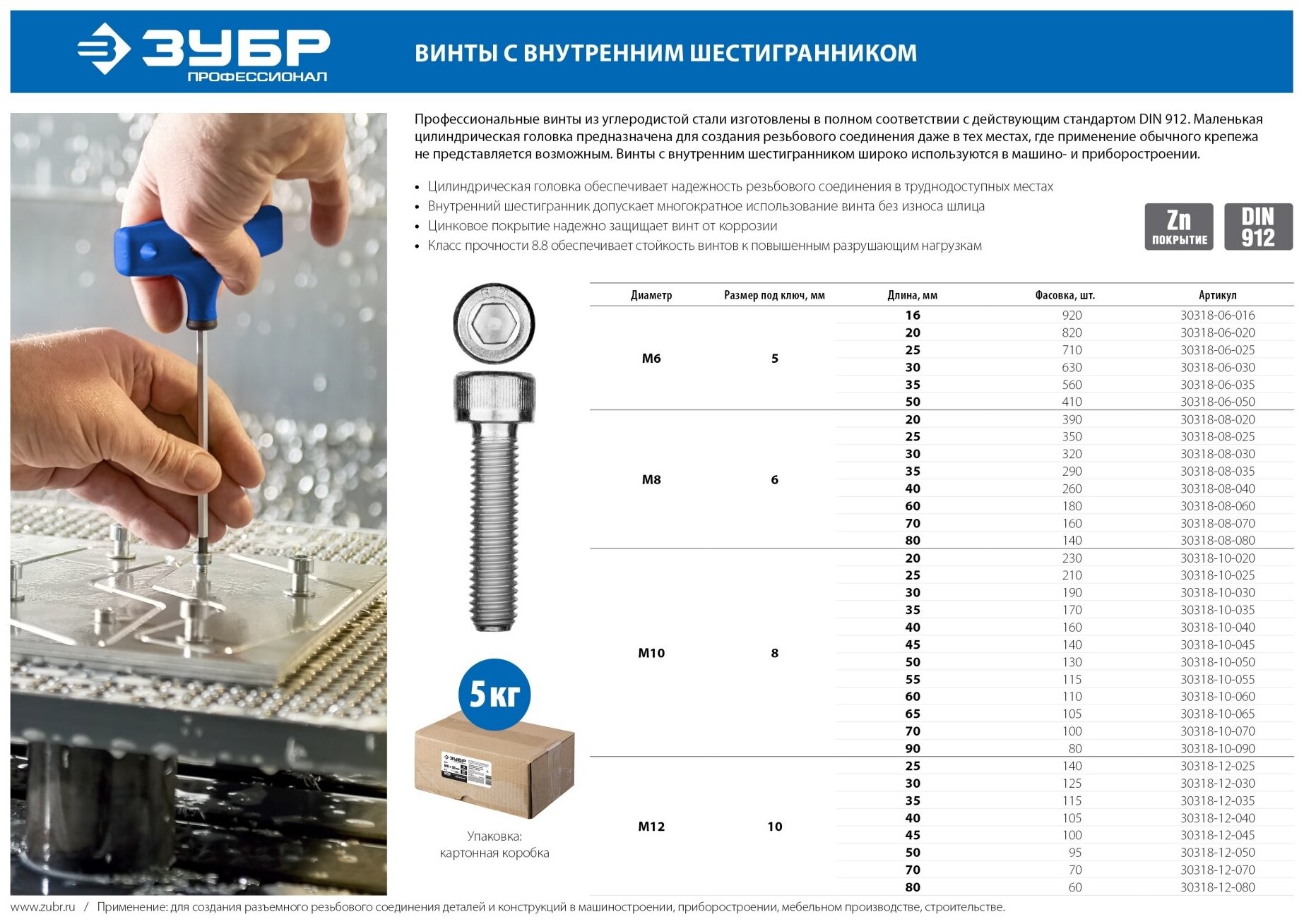 ЗУБР DIN 912, кл. пр. 8.8, М8 х 35 мм, цинк, 5 кг, винт с внутренним шестигранником, Профессионал (30318-08-035)