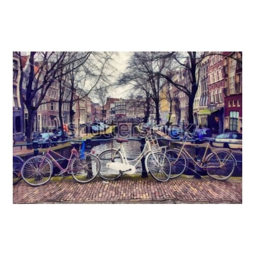 фото Постер на холсте пейзаж с искажённой перспективой - велосипеды на мостике через канал в амстердаме 60см. x 40см. твой постер