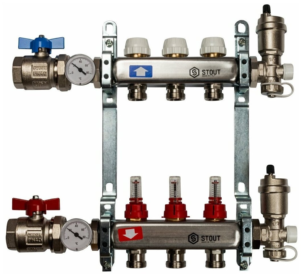 Коллектор из нержавеющей стали STOUT SMS 0907 000003 в сборе с расходомерами 3 вых.