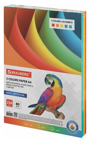 Бумага цветная BRAUBERG, А4, 80 г/м2, 250 л, (5 цветов х 50 л.), интенсив, для офисной техники, 112464