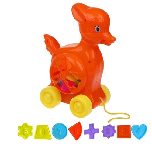 Каталка-сортер Рыжий кот на веревочке, Олененок, 8 деталей, пластик (M1017) каталка детская на веревочке зайка игрушка каталка сортер для малышей логические фигуры
