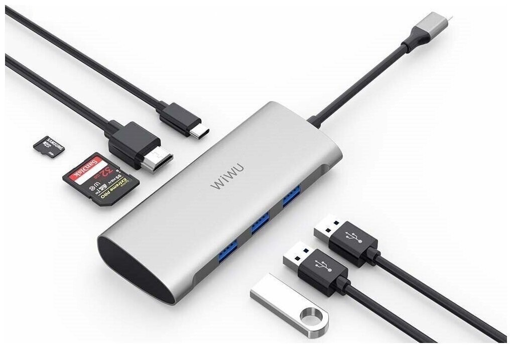 Хаб 7 в 1 WiWU Alpha 731HP Type C to x3 USB 3.0, Type C, HDMI, Cardreader