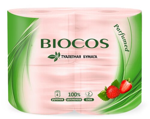 Туалетная бумага BioCos Двухслойная с ароматом клубники 4 рул., розовый