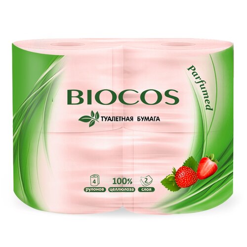 Туалетная бумага BioCos Двухслойная с ароматом клубники 4 рул., розовый