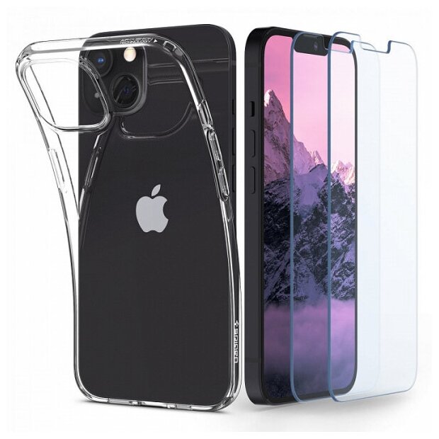 Термополиуретановый чехол и защитное стекло Spigen Crystal Pack для iPhone 13 mini (2 шт) Кристально прозрачный