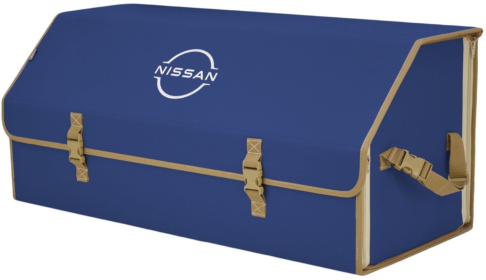 Органайзер-саквояж в багажник "Союз" (размер XXL). Цвет: синий с бежевой окантовкой и вышивкой Nissan (Ниссан).