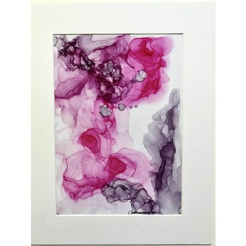 Абстракция. Картина Маруси Шишкиной. Проект CasualArt. 39,2см Х 30.4см. Маджента на белом (паспарту холодный белый, вертикаль).