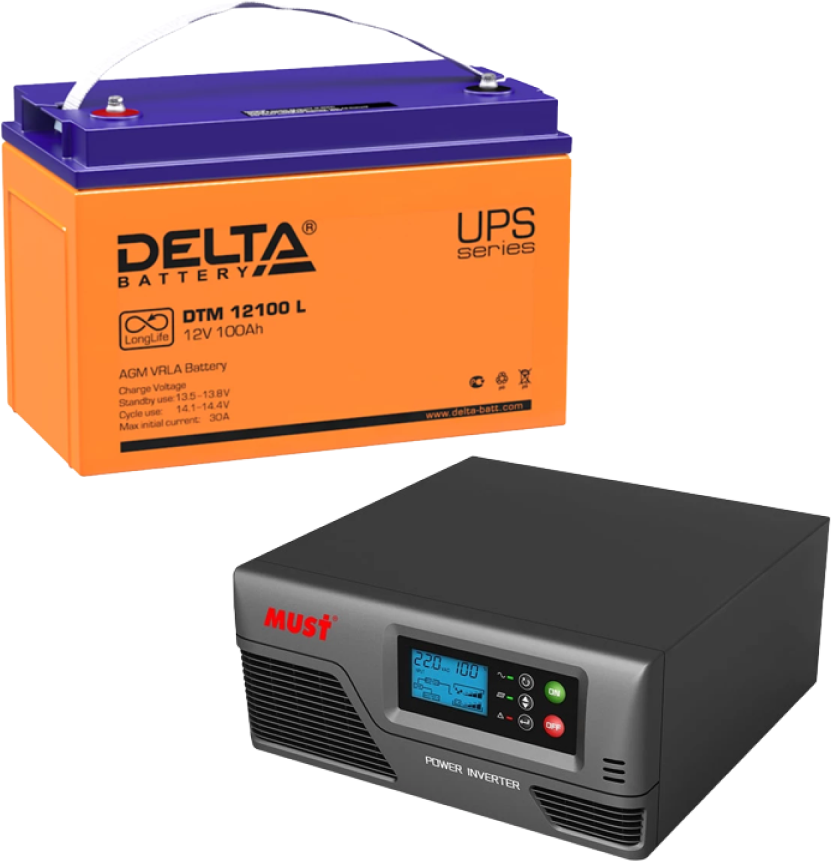 Резервный ИБП Must EP20-1000 PRO в комплекте с аккумулятором Delta DTM 12100 L 12V 1000Вт/100А*Ч