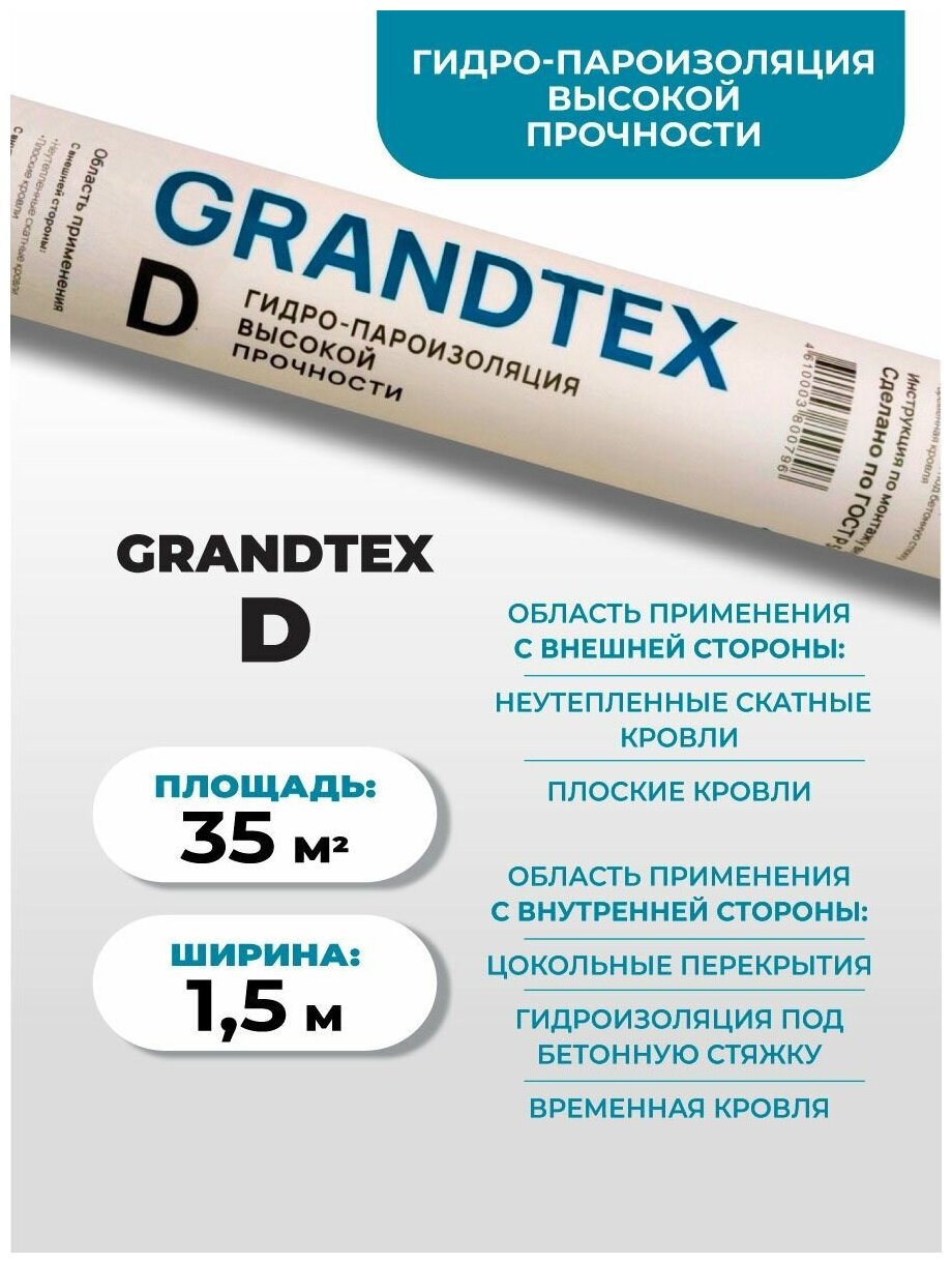 Гидро-пароизоляция высокой прочности GRANDTEX -D 35 м2. Гидроизоляция пароизоляция