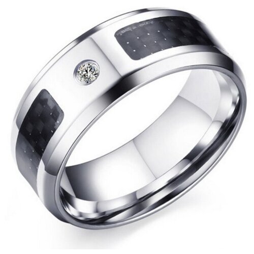 фото Кольцо стальное с карбоновой вставкой и цирконом (размер 18,5) 2beman