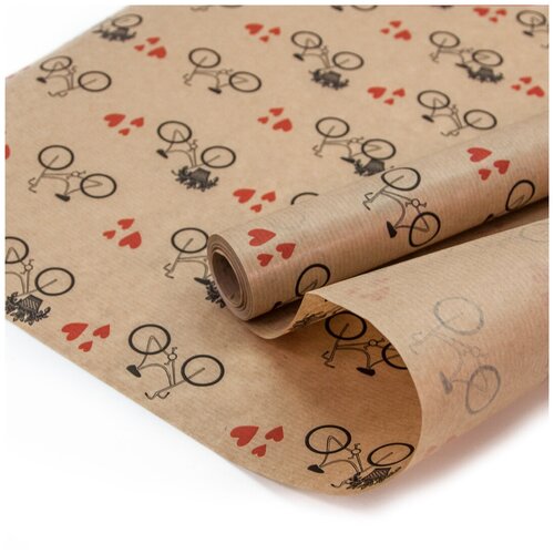 фото Упаковочная бумага, крафт 40гр (0,6*10 м) велосипед и сердечки, красный, 1 шт. дон баллон