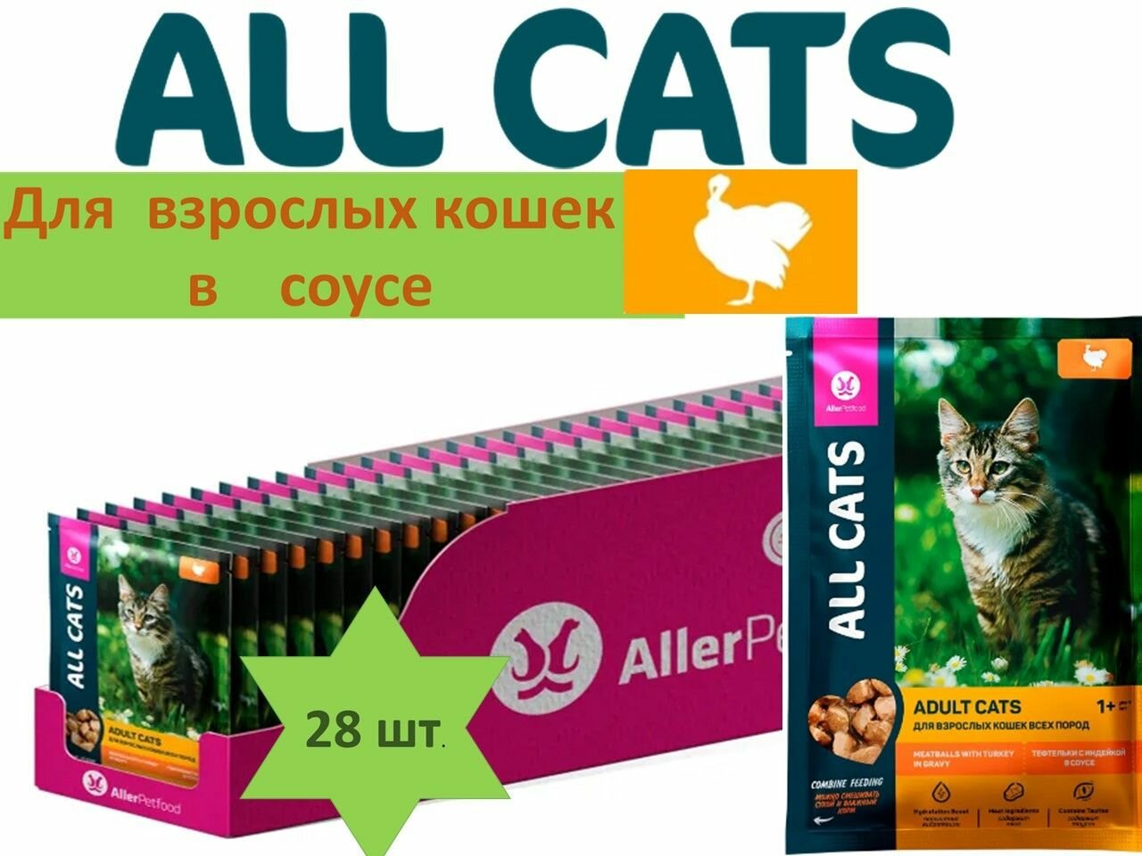 Корм для кошек блок 28 штук*85 г ALL CATS индейка в соусе тефтельки/ Аллер Петфуд/Россия