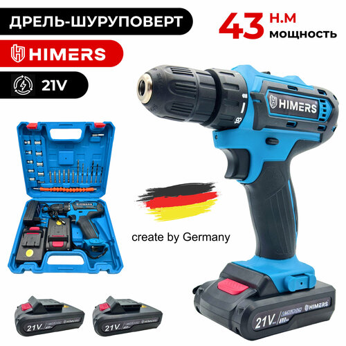 фото Дрель - шуруповерт himers df48b аккумуляторный 21v, 2 акб, 43 н. м /, кейс