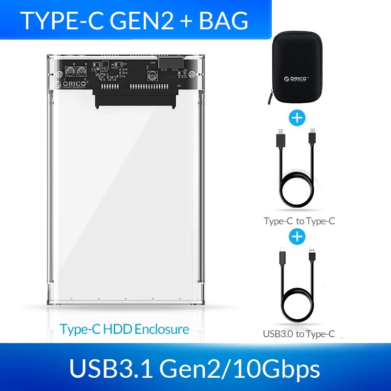 Чехол прозрачный ORICO для жесткого диска SATA - USB 3.0, 2.5", комплектация на выбор, USB-C 10Gbps Add Bag
