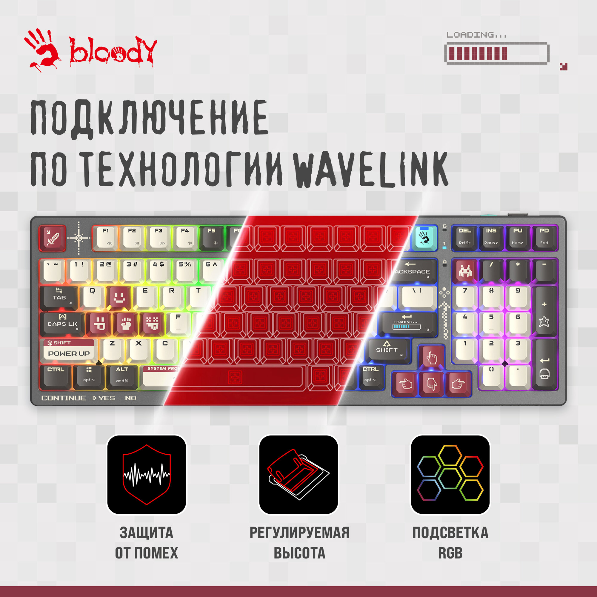 Клавиатура механическая A4Tech Bloody WS98 Pixels Red темно-серый, интерфейс USB, игровые клавиши, подсветка LED (WS98) — фото 1