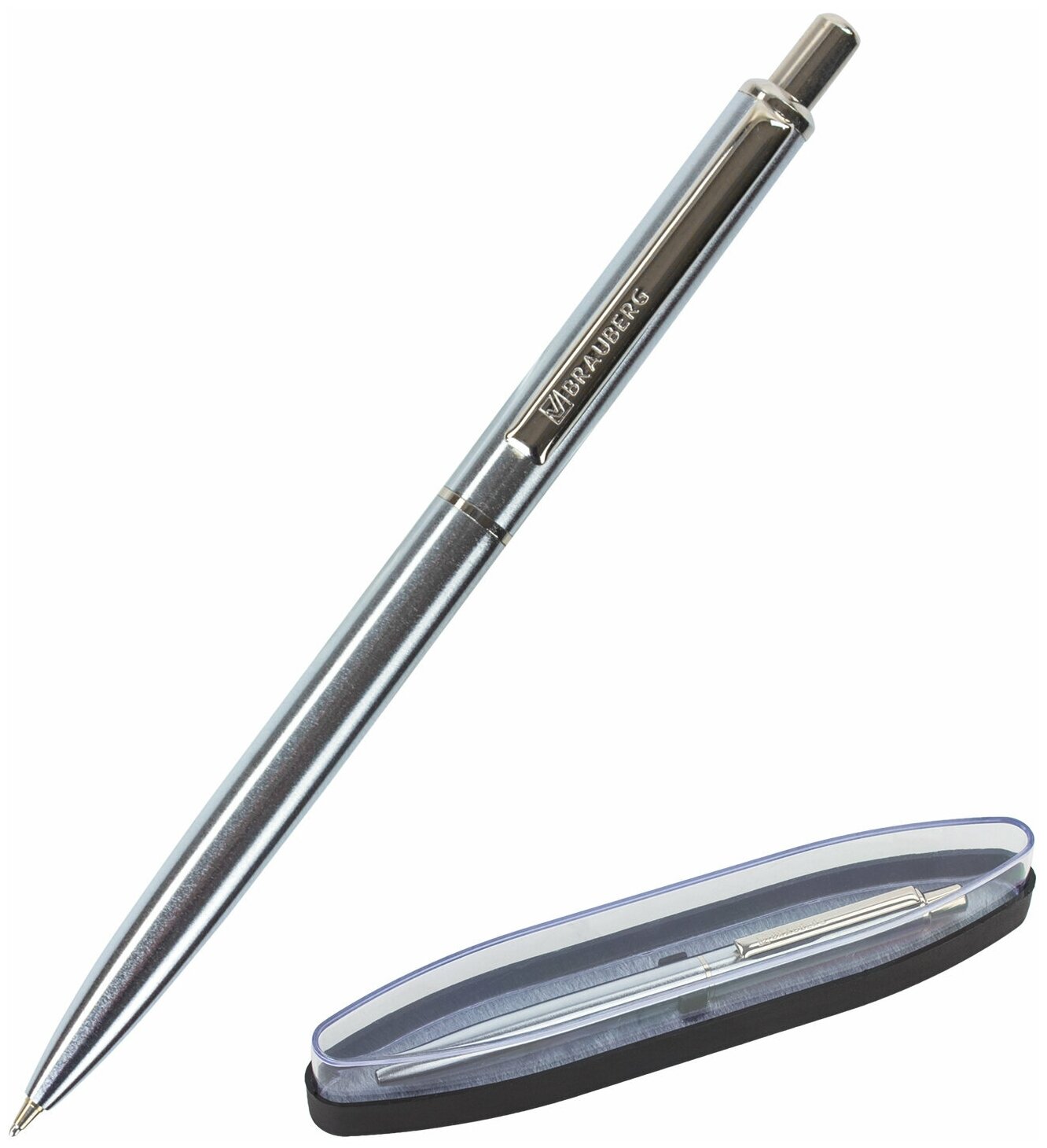 Ручка подарочная шариковая BRAUBERG Larghetto, синяя, корпус серебристый с хромированными деталями, линия письма 0,5 мм, 143474