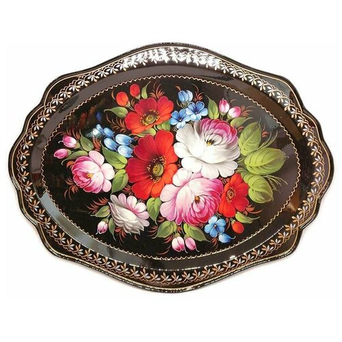 Поднос металлический авторская жостовская роспись цветы классика 47х36 см.
