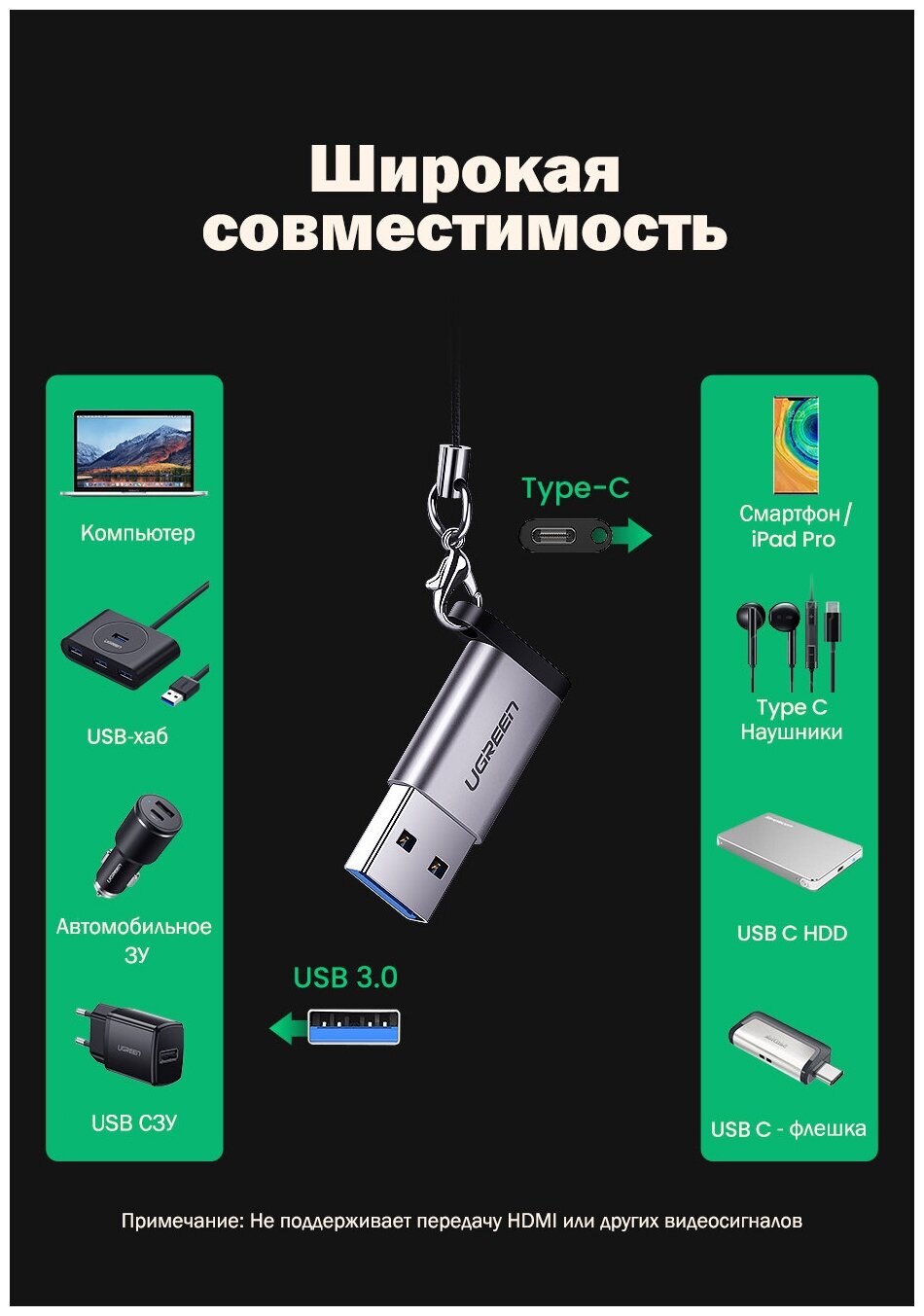 Переходник - адаптер Ugreen USB A 3.0 Male -USB C 3.1 Female (50533)