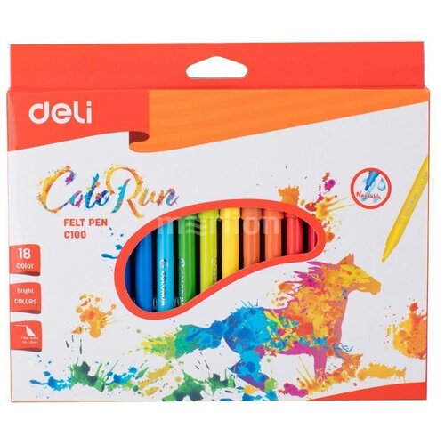 Фломастеры 18 цветов Deli ColoRun, круглый пишущий наконечник, смываемые, европодвес