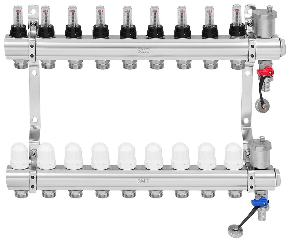 Коллектор латунь в сборе 9 контура 1"3/4" для теплого пола с расходомерами GIDROFORCE (GFA201N0010/9)