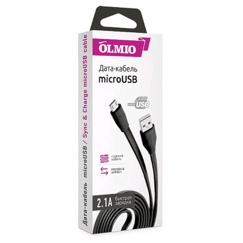 кабель olm 039324 usb 2 0 удлиненный штекер microusb longplug 1м 1a olmio 1 100 OLMIO Кабель USB 2.0 - microUSB, 1м, 2.1A, черный, плоский, OLMIO