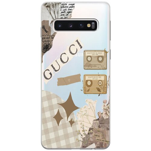 Силиконовый чехол на Samsung Galaxy S10, Самсунг С10 с 3D принтом GUCCI Stickers прозрачный чехол книжка на samsung galaxy s10 самсунг с10 с 3d принтом beatles stickers черный