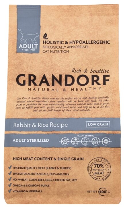 Сухой корм для кошек Grandorf Rabbit & Brown Rice Sterilised гипоаллергенный 400 г. - фотография № 1