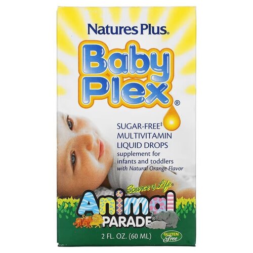 NaturesPlus Source of Life Animal Parade Baby Plex жидкие мультивитаминные капли без сахара с натуральным вкусом апельсина 60 мл витаминный комплекс мультивитамины для детей source of life animal parade в асс 180 таб naturesplus