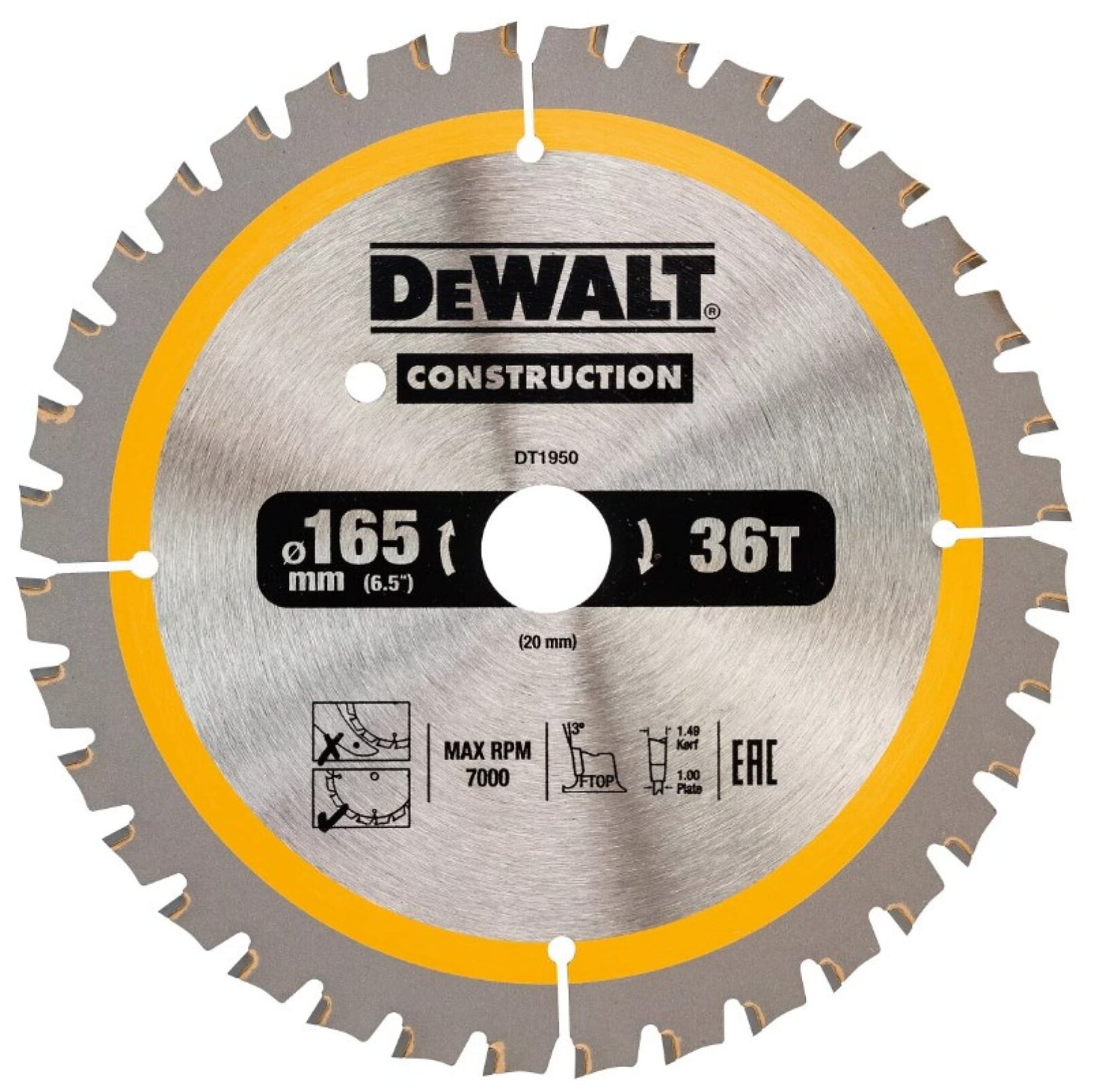 Пильный диск DEWALT DT1950, CONSTRUCTION по дереву с гвоздями 165/20, 36 FTG +3°