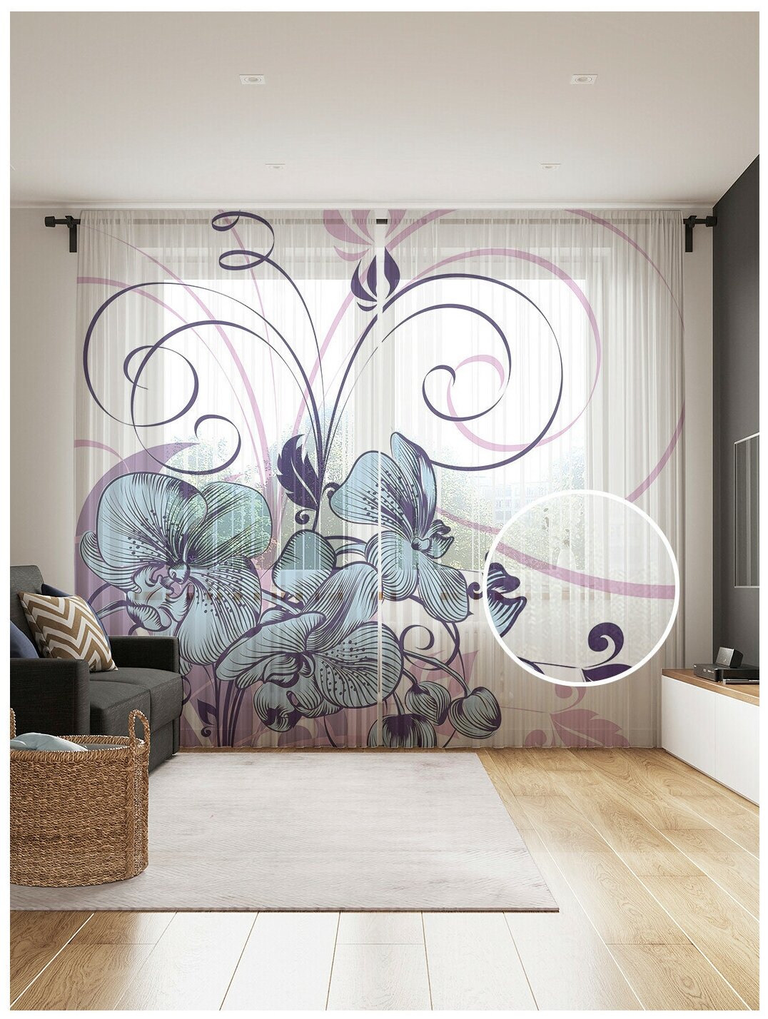 Тюль для кухни и спальни JoyArty "Цветочные спирали", 2 полотна со шторной лентой шириной по 145 см, высота 265 см. - фотография № 1