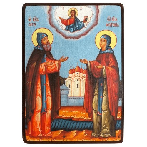 Икона Пётр и Феврония Муромские на голубом фоне, размер 19 х 26 см