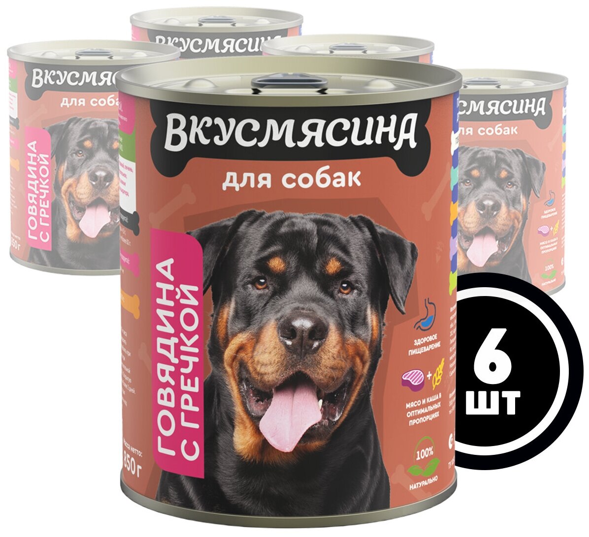 Корм консервированный для собак вкусмясина с говядиной и гречкой, 850 г х 6 шт.