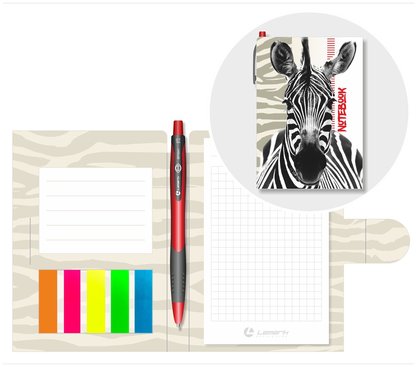 Блокнот-органайзер Lamark Zebra, 105х150 мм, ручка, клетка, пластиковые закладки неон